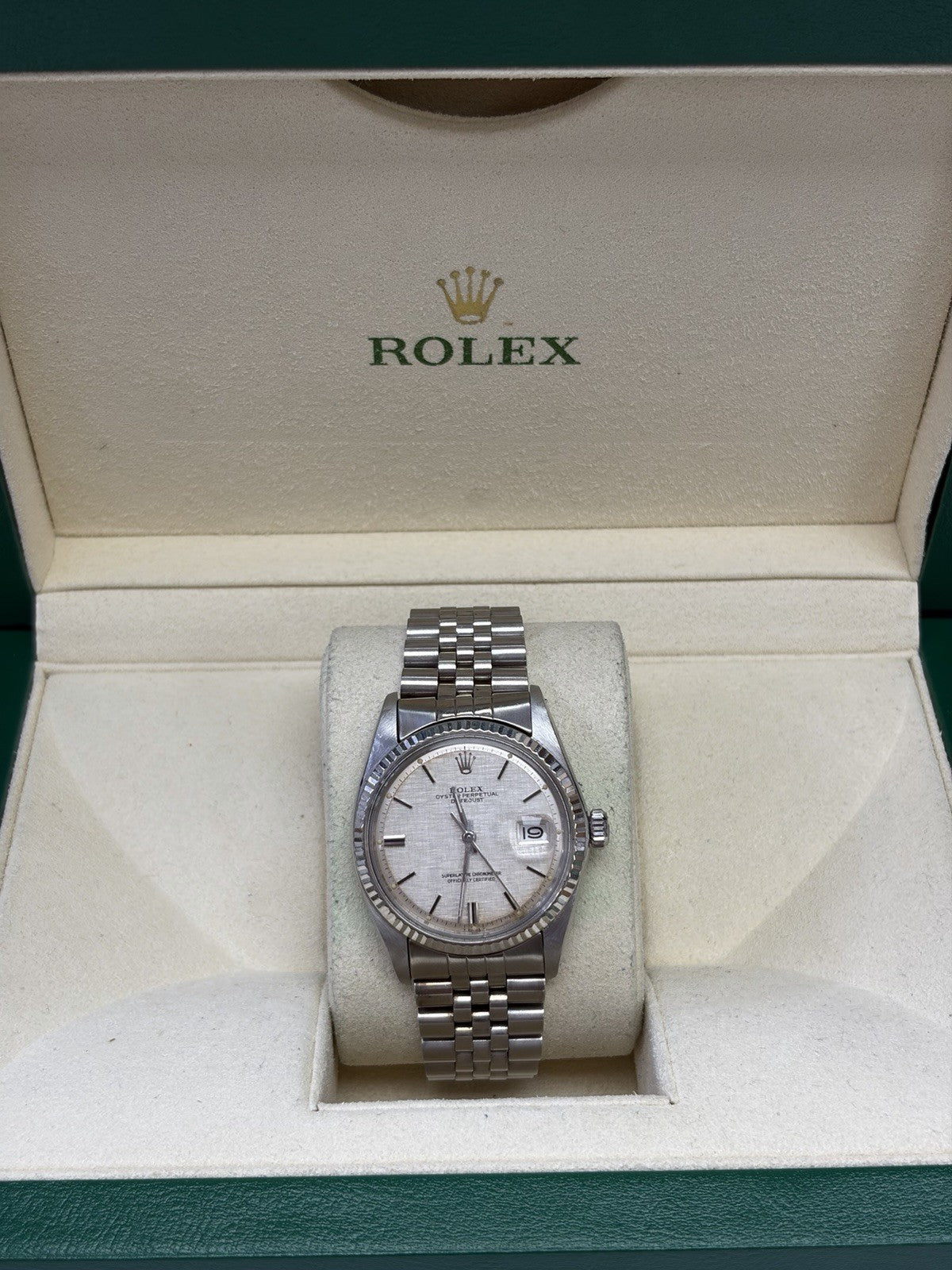 Rolex Datejust 1601 Silver Jubilee Bracelet with Silver Bezel W/Box Linen Dial