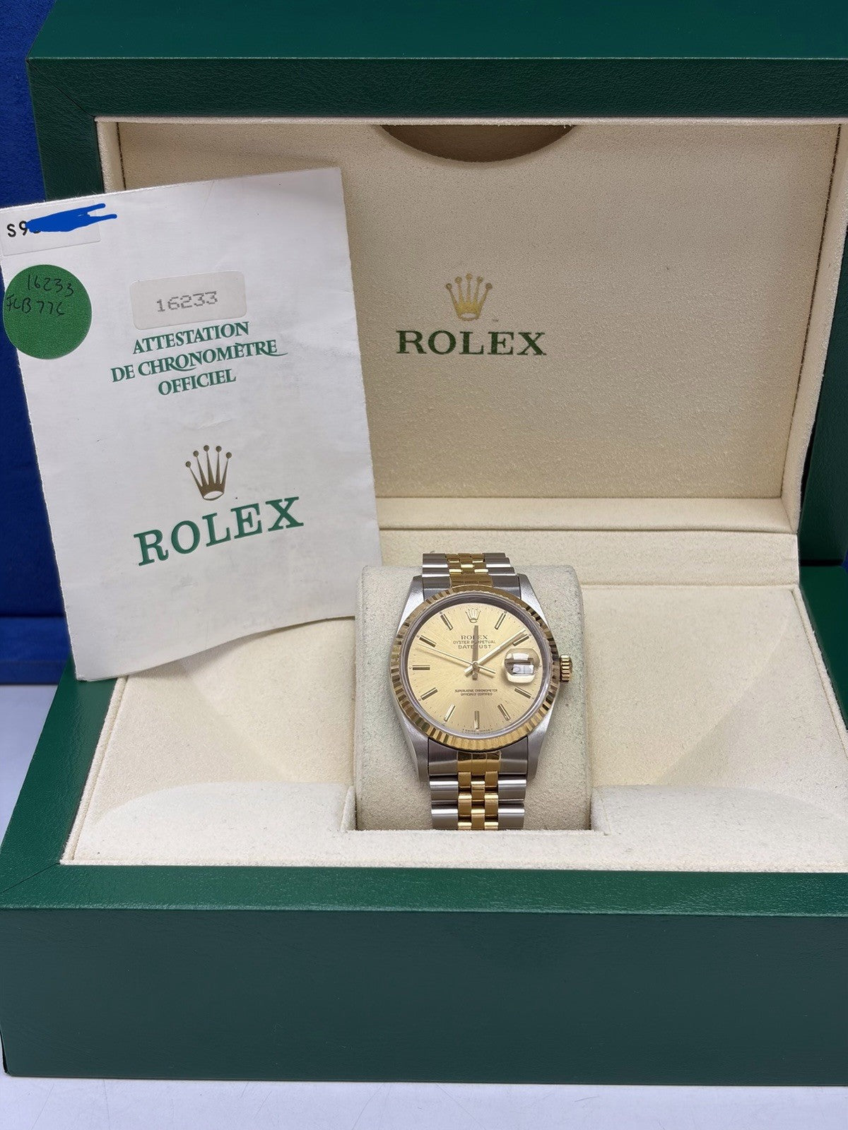 Rolex Datejust 16233 Gold and Silver Jubilee Bracelet with Gold Bezel Box Papers