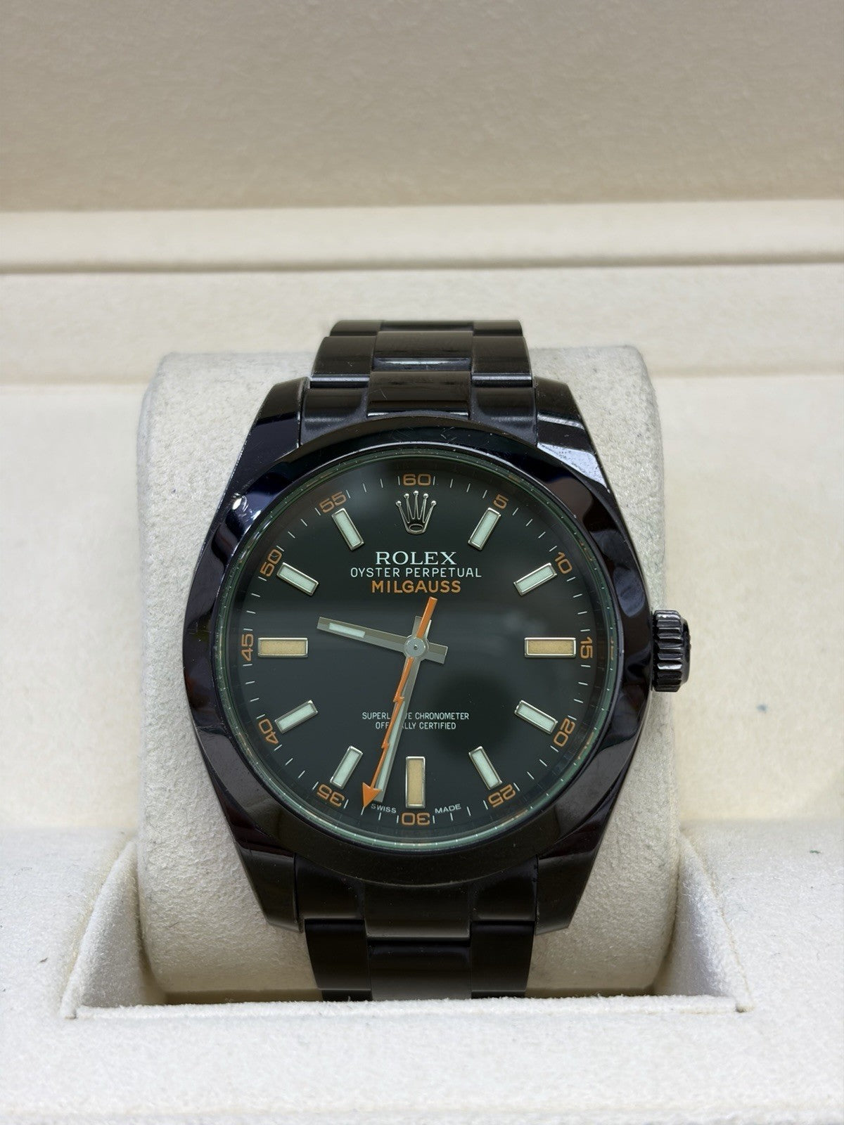 Rolex Milgauss 116400GV PVD Oyster Bracelet with Green Crystal With Told Box