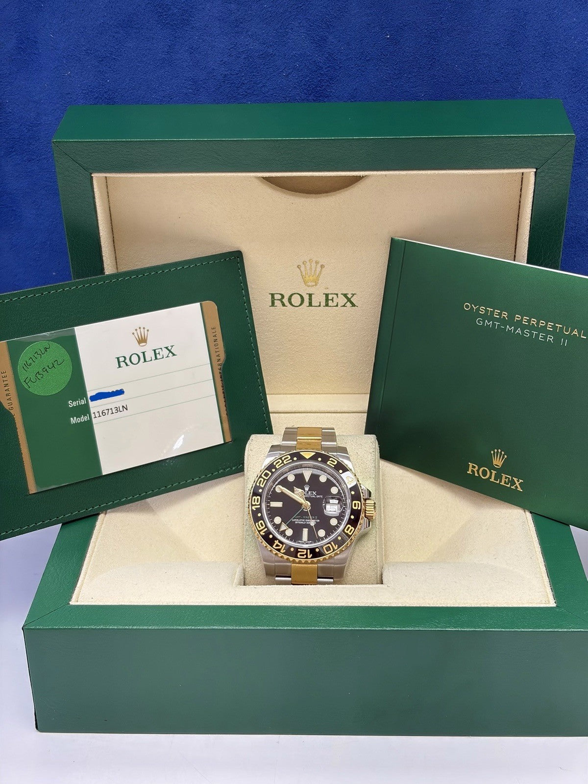 Rolex GMT-Master II 116713LN Silver and Gold Oyster Bracelet Box & Papers