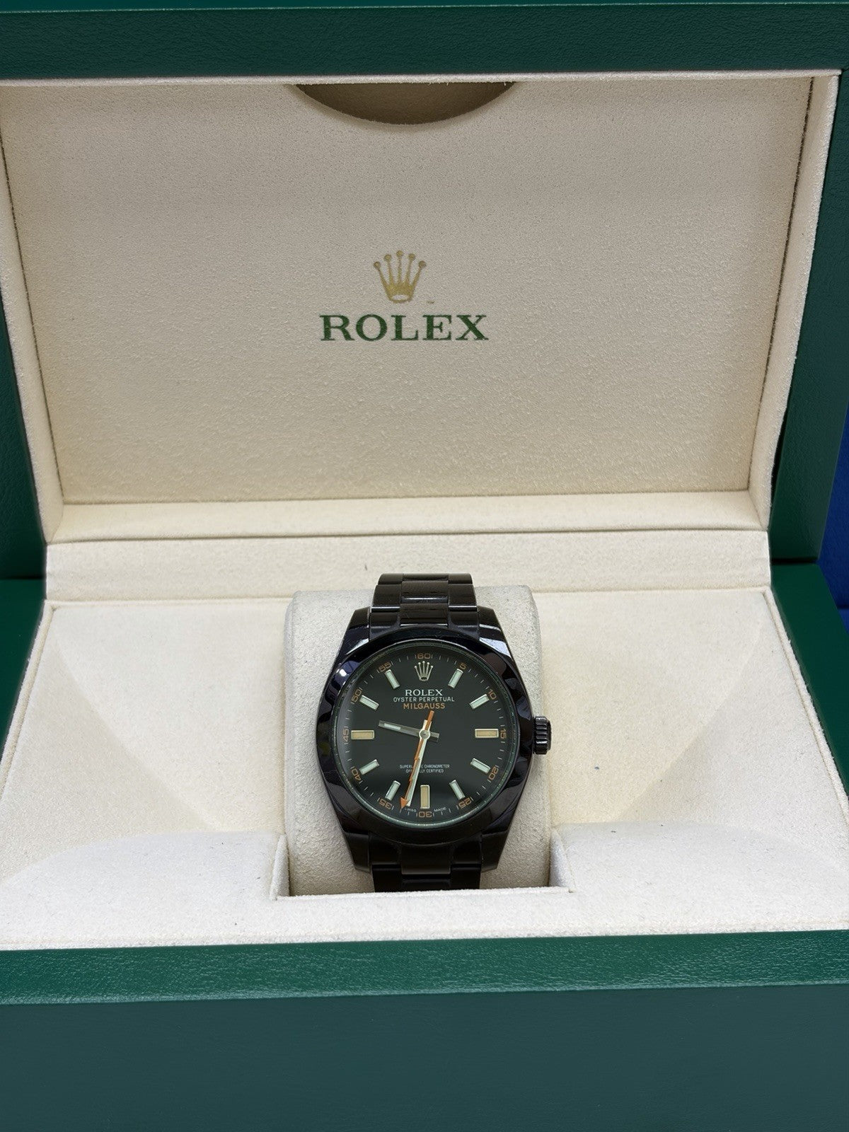 Rolex Milgauss 116400GV PVD Oyster Bracelet with Green Crystal With Told Box